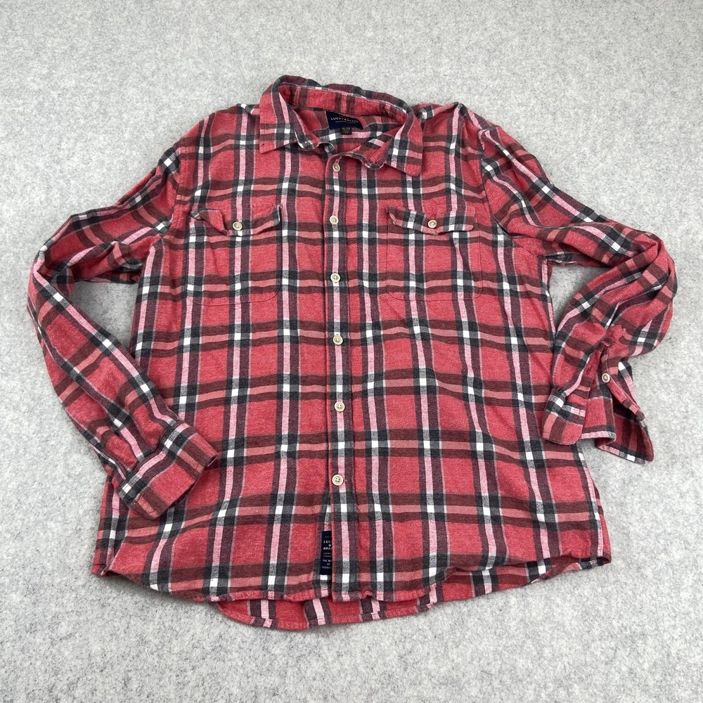 Lucky Brand Shirt Mens XL Red Plaid Flannel Button Up Long Sleeve Casual Top